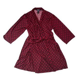 Rene Rofe Red and Black Heart Pattern Silky Robe - Large